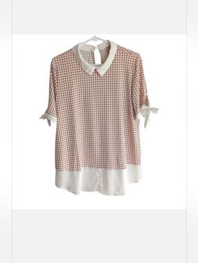 Misia Curvy Womens Tan & White Houndstooth Print Short Sleeve Blouse XL